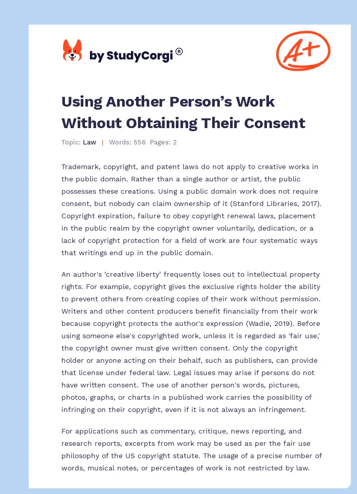 Using Another Person’s Work Without Obtaining Their Consent. Page 1