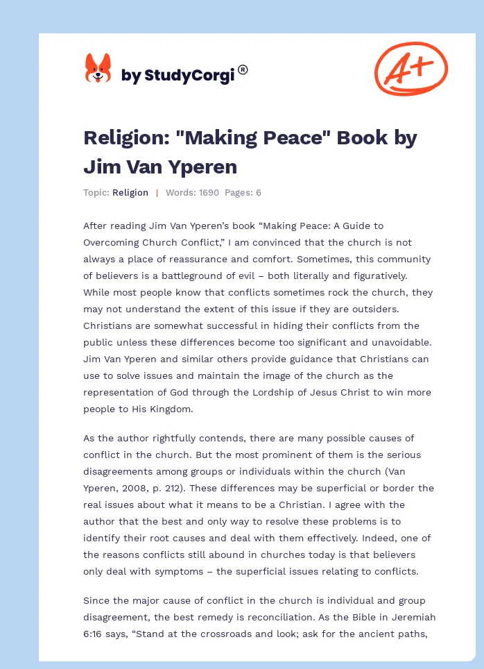 Religion: "Making Peace" Book by Jim Van Yperen. Page 1