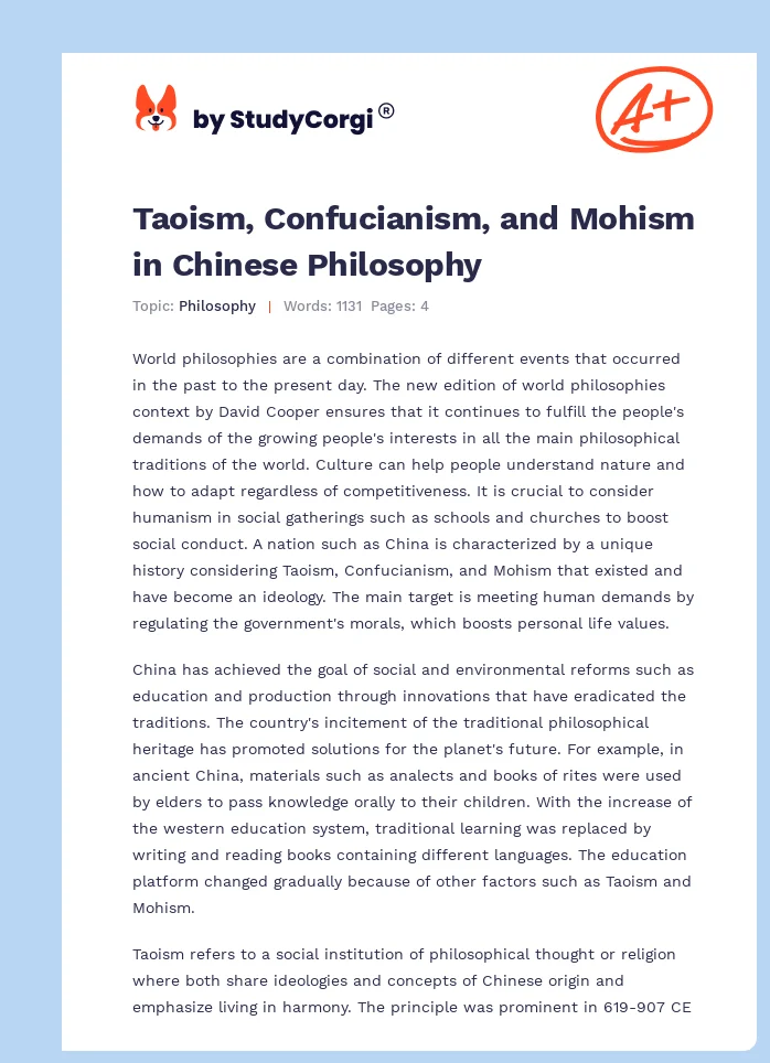 Taoism, Confucianism, and Mohism in Chinese Philosophy. Page 1