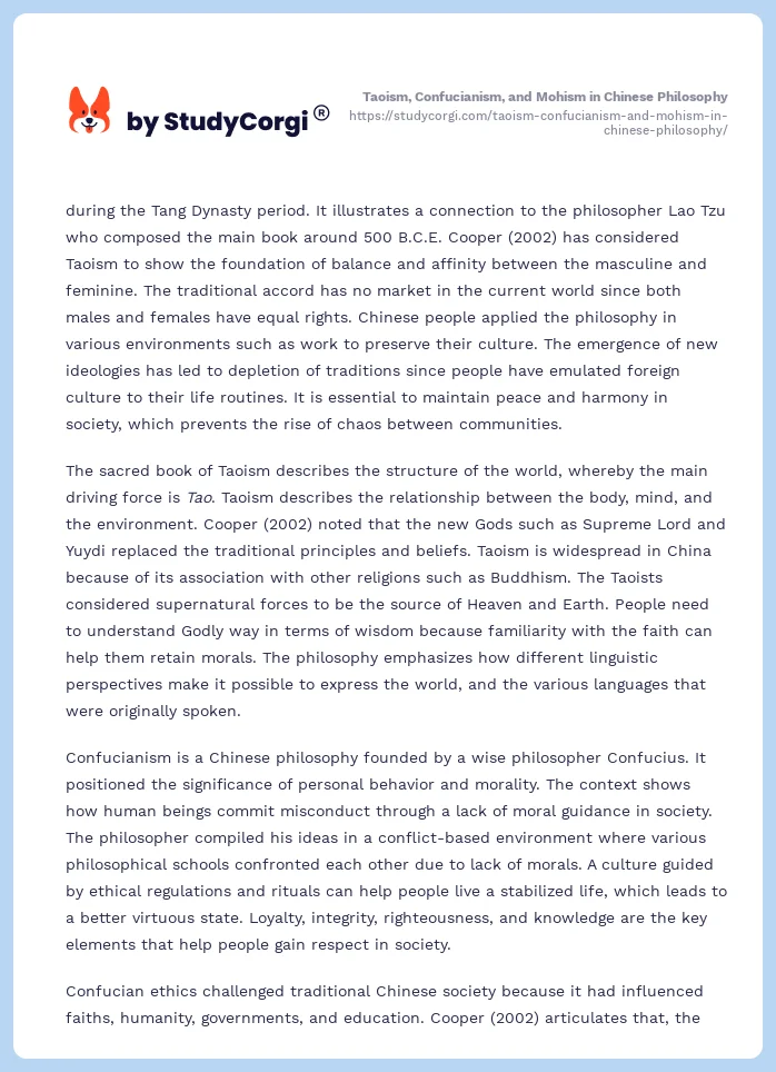 Taoism, Confucianism, and Mohism in Chinese Philosophy. Page 2