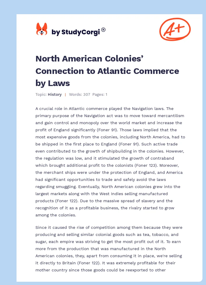 North American Colonies’ Connection to Atlantic Commerce by Laws. Page 1