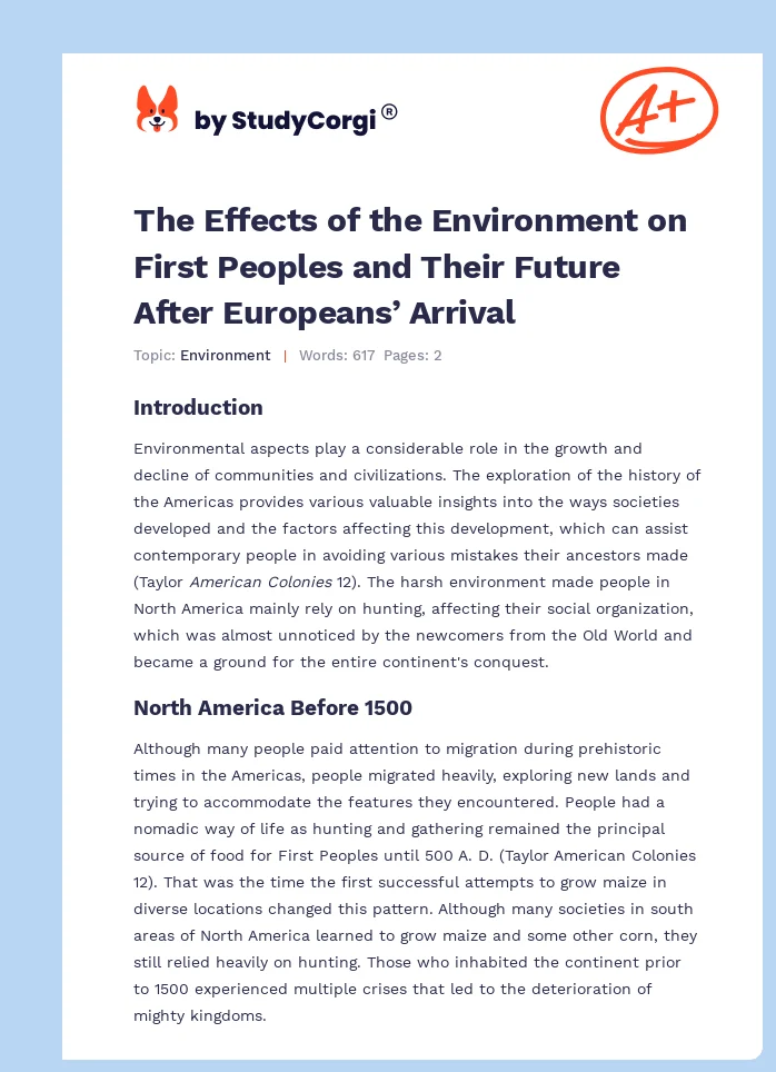 The Effects of the Environment on First Peoples and Their Future After Europeans’ Arrival. Page 1