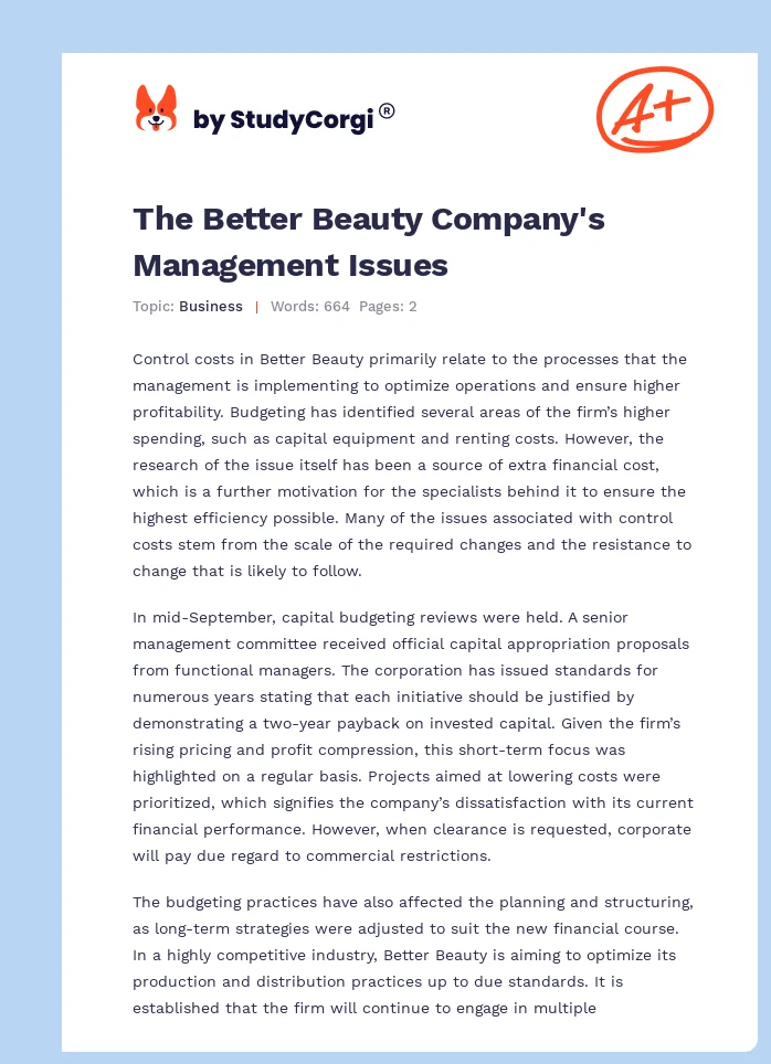 The Better Beauty Company's Management Issues. Page 1