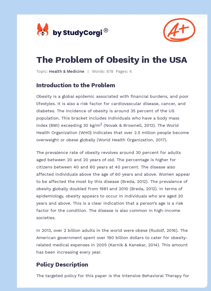 The Problem of Obesity in the USA. Page 1
