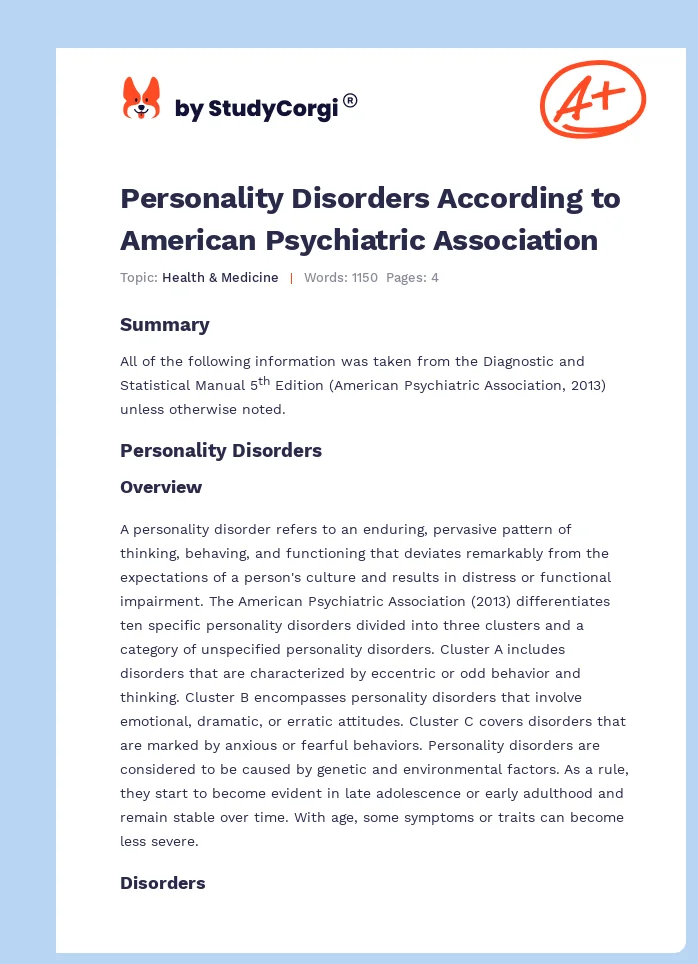 Personality Disorders According to American Psychiatric Association. Page 1