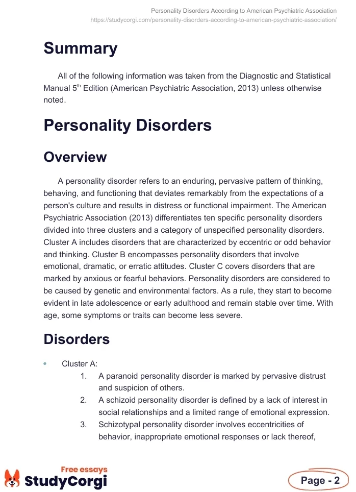 Personality Disorders According to American Psychiatric Association. Page 2