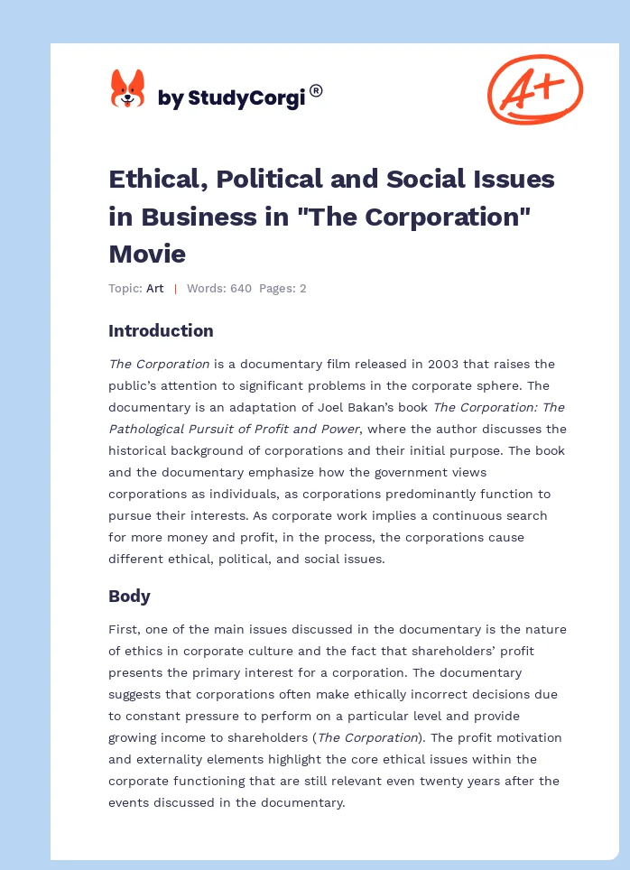 Ethical, Political and Social Issues in Business in "The Corporation" Movie. Page 1