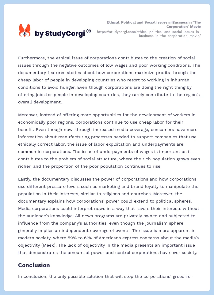 Ethical, Political and Social Issues in Business in "The Corporation" Movie. Page 2