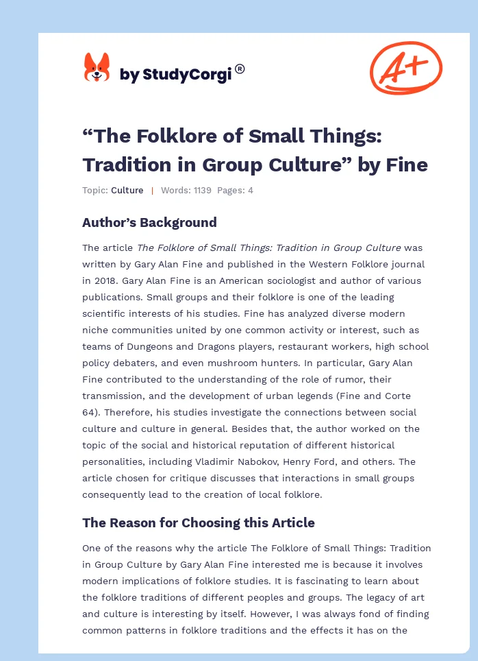 “The Folklore of Small Things: Tradition in Group Culture” by Fine. Page 1