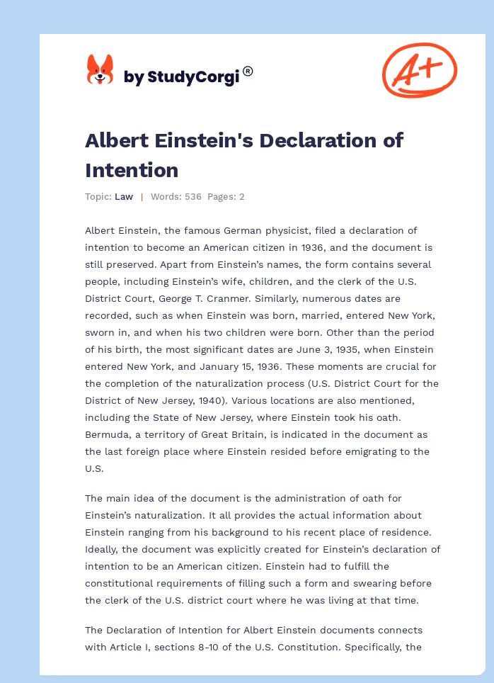 Albert Einstein's Declaration of Intention. Page 1