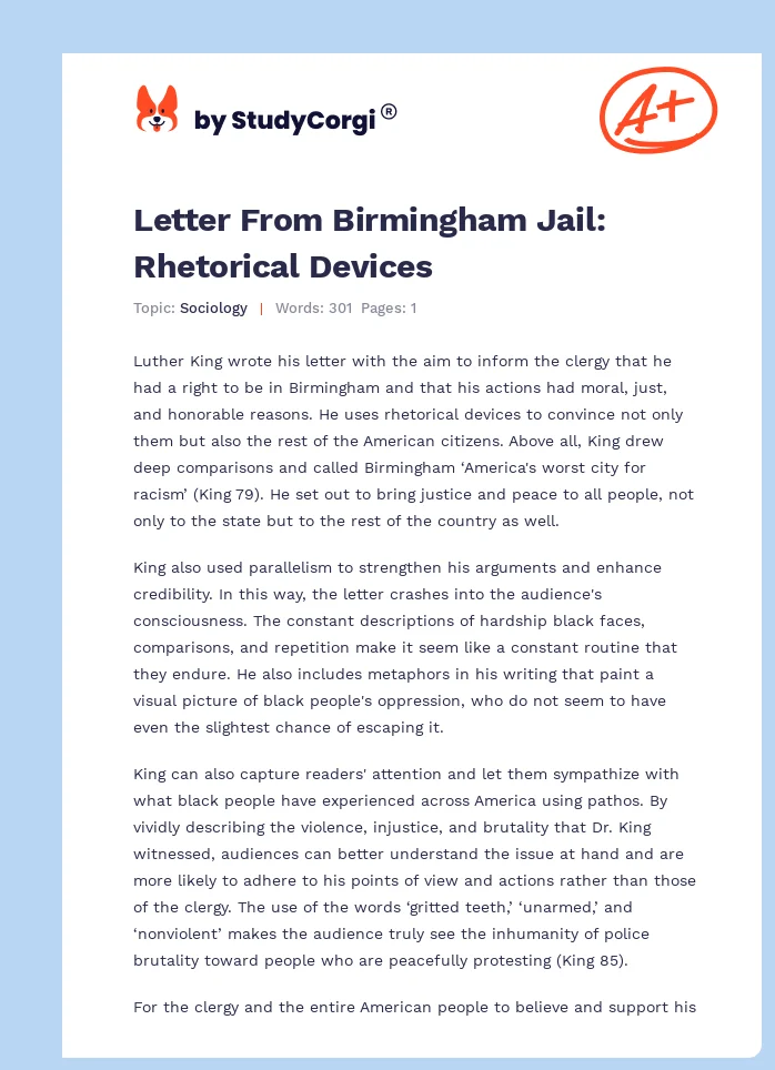 "Letter from Birmingham Jail" by Martin Luther King, Jr.: Rhetorical Analysis. Page 1