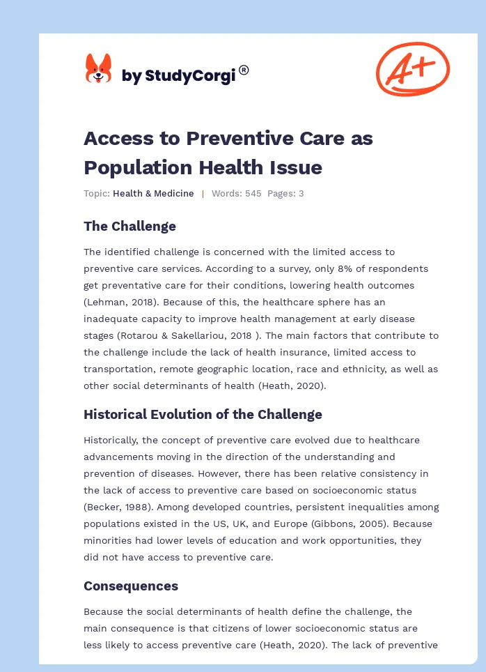 Access to Preventive Care as Population Health Issue. Page 1