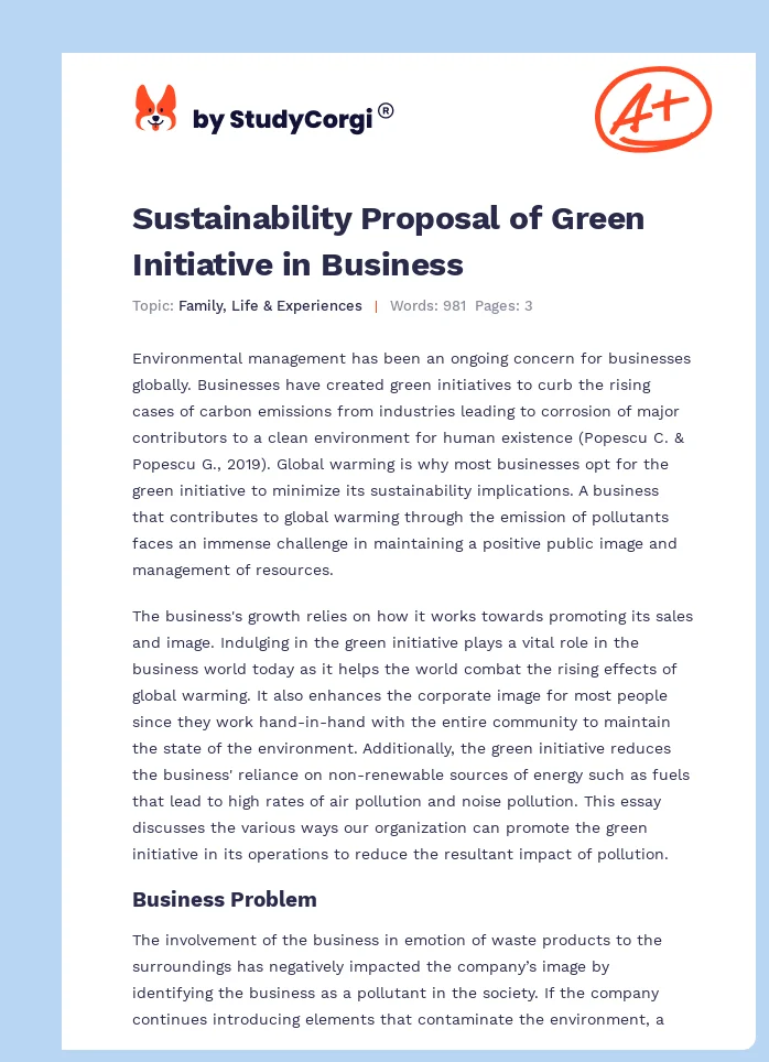 Sustainability Proposal of Green Initiative in Business. Page 1