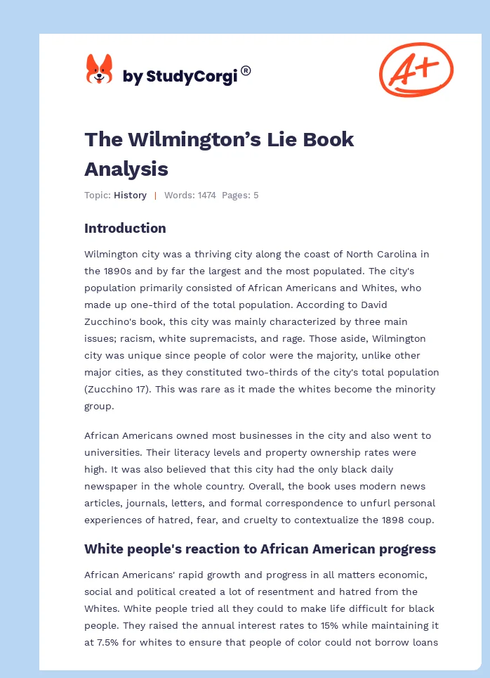 The Wilmington’s Lie Book Analysis. Page 1