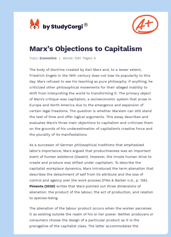 Marx’s Objections to Capitalism. Page 1