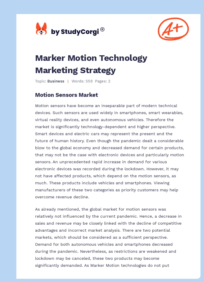 Marker Motion Technology Marketing Strategy. Page 1