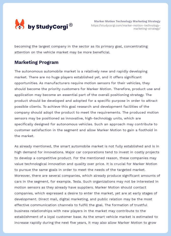Marker Motion Technology Marketing Strategy. Page 2