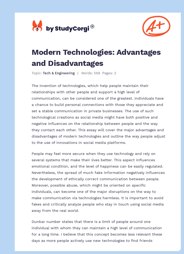 Modern Technologies: Advantages and Disadvantages. Page 1
