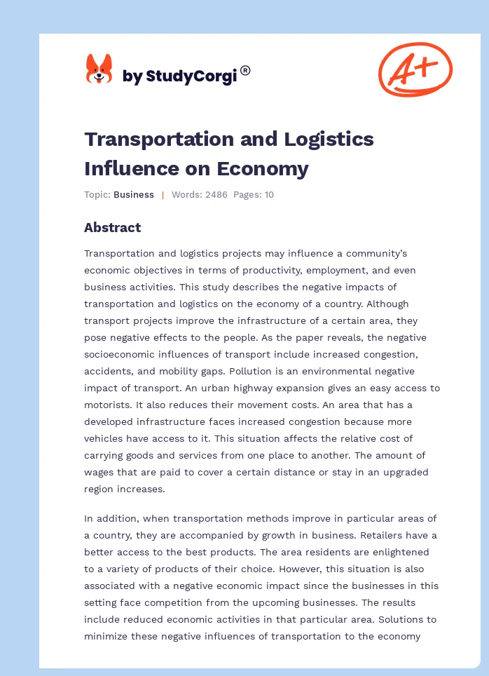 Transportation and Logistics Influence on Economy. Page 1