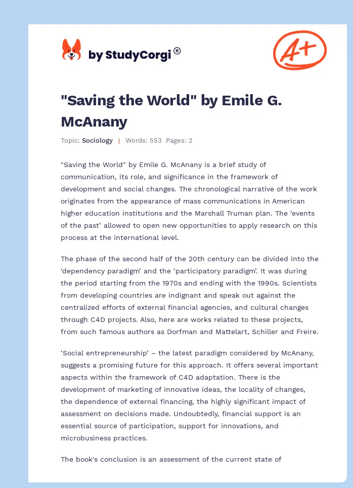 "Saving the World" by Emile G. McAnany. Page 1