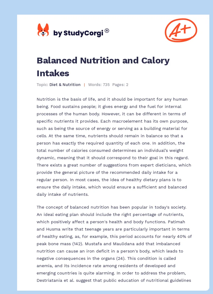 Balanced Nutrition and Calory Intakes. Page 1