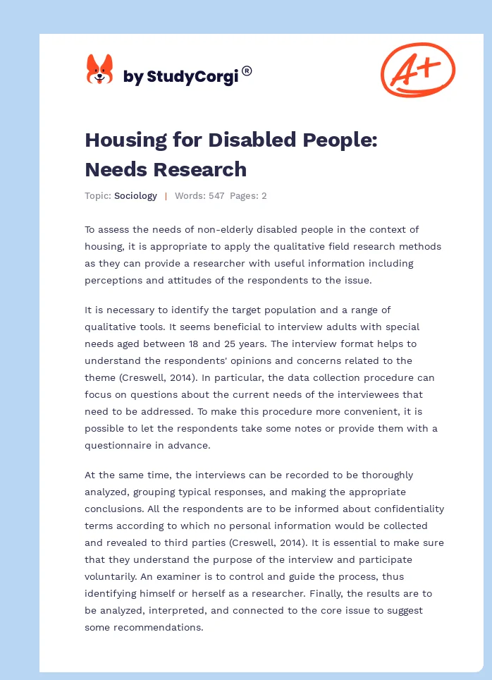 Housing for Disabled People: Needs Research. Page 1