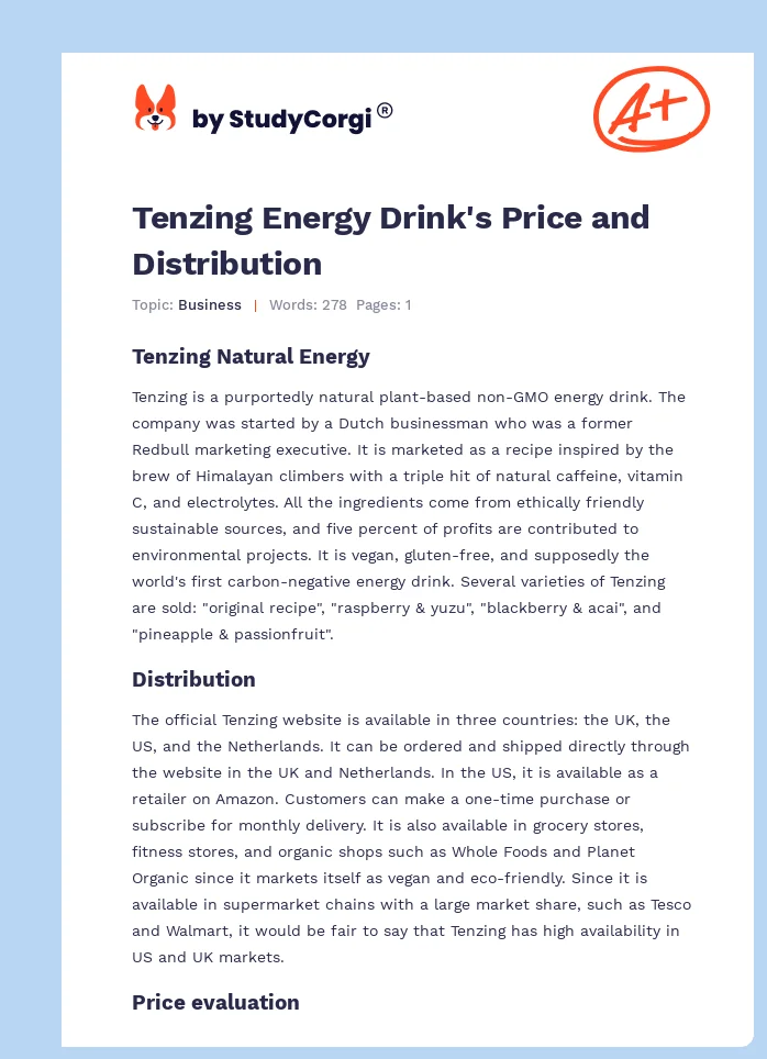 Tenzing Energy Drink's Price and Distribution. Page 1