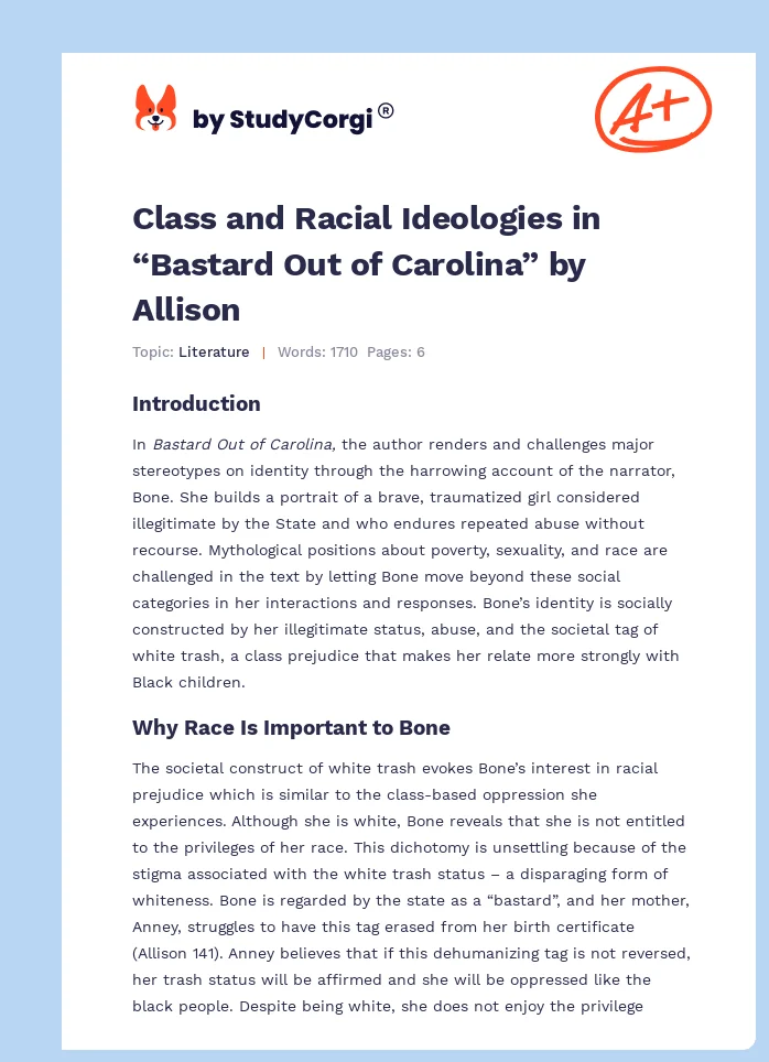 Class and Racial Ideologies in “Bastard Out of Carolina” by Allison. Page 1