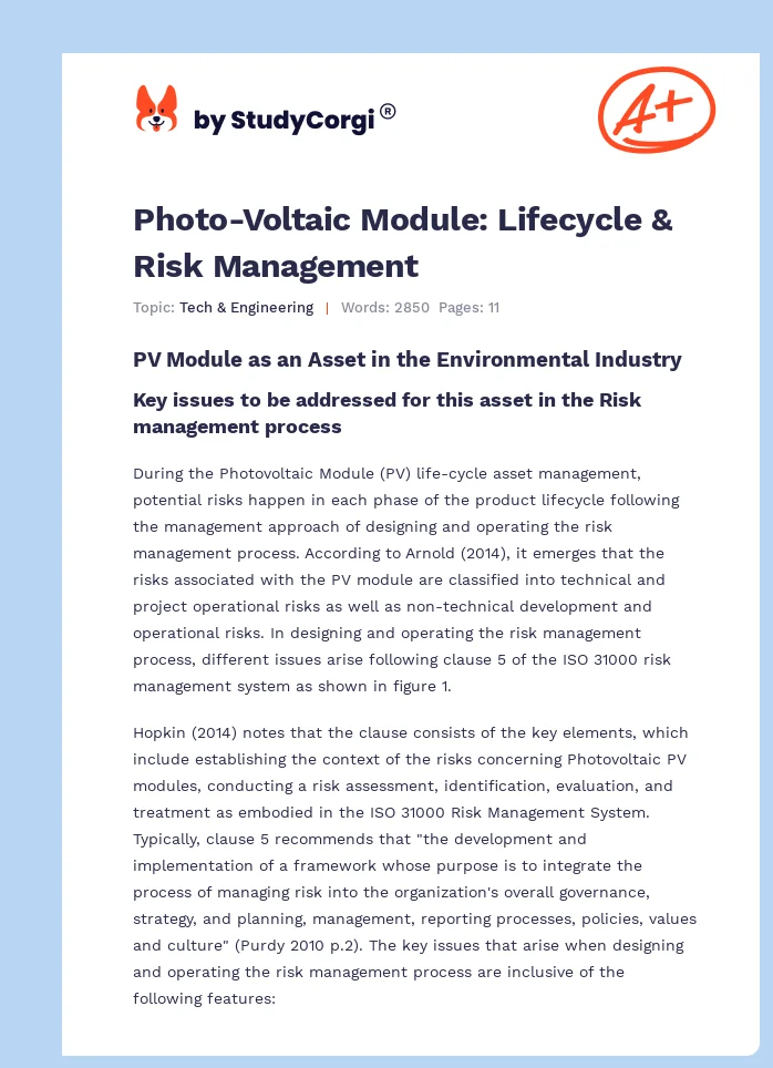 Photo-Voltaic Module: Lifecycle & Risk Management. Page 1