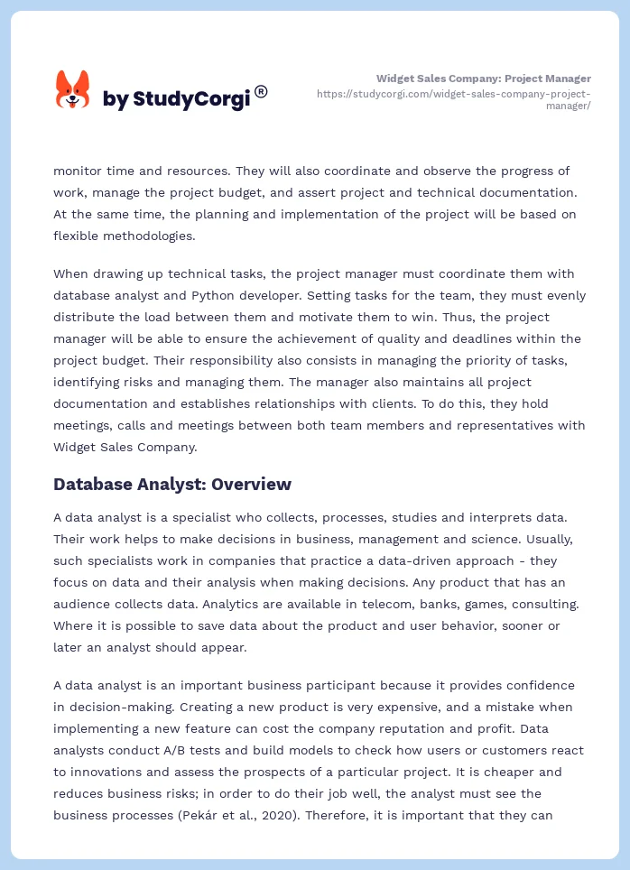 Widget Sales Company: Project Manager. Page 2