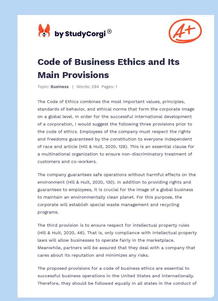 Code of Business Ethics and Its Main Provisions. Page 1