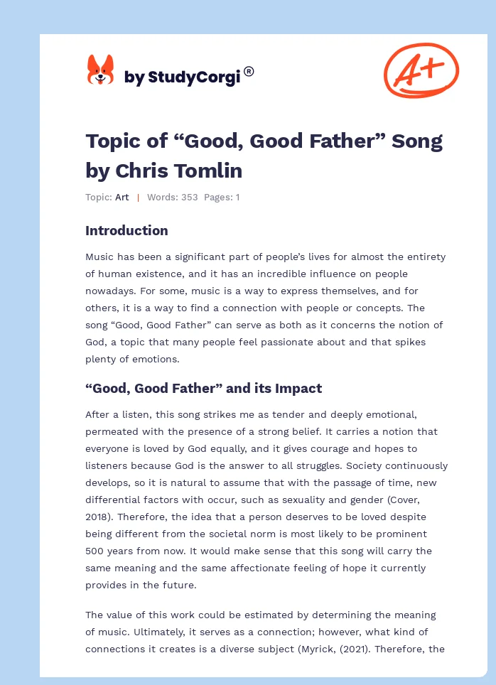 Topic of “Good, Good Father” Song by Chris Tomlin. Page 1