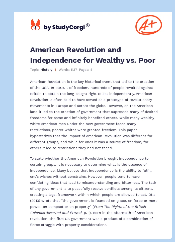 American Revolution and Independence for Wealthy vs. Poor. Page 1