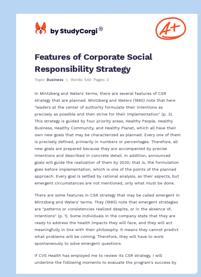 Features of Corporate Social Responsibility Strategy. Page 1