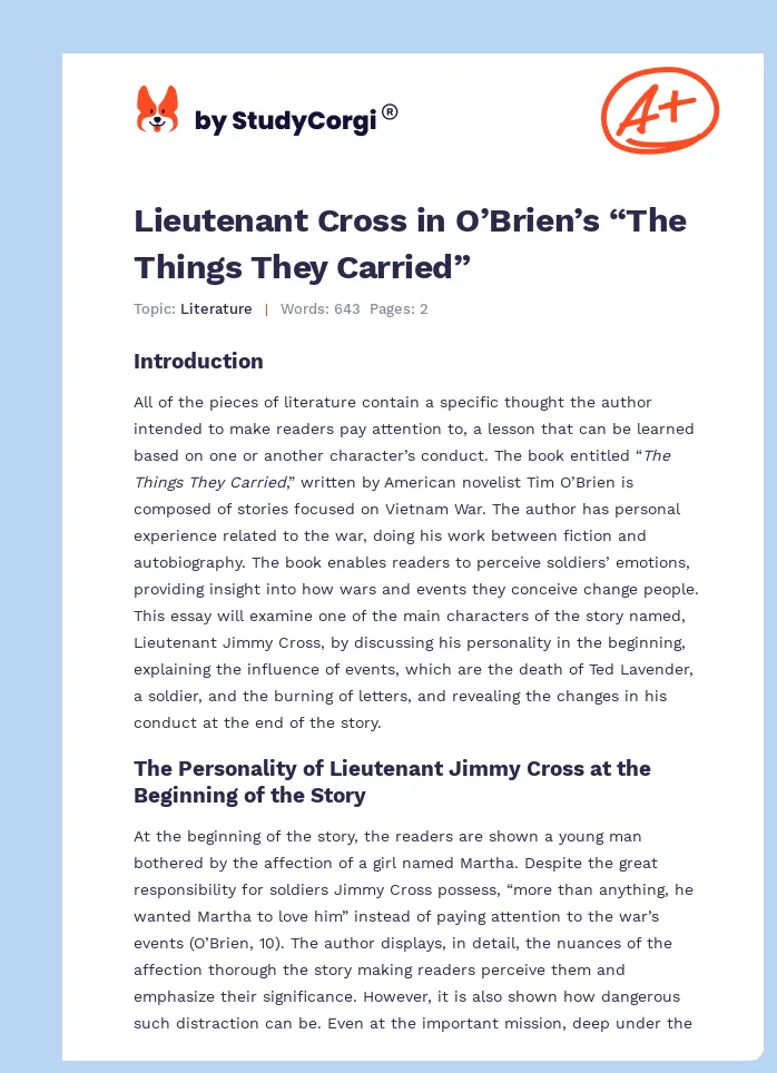 Lieutenant Cross in O’Brien’s “The Things They Carried”. Page 1
