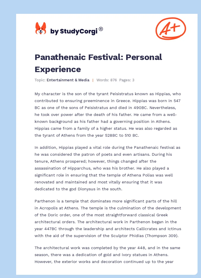 Panathenaic Festival: Personal Experience. Page 1