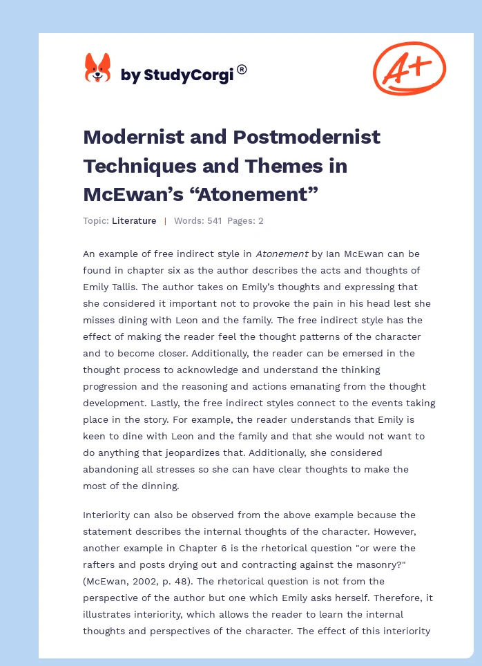 Modernist and Postmodernist Techniques and Themes in McEwan’s “Atonement”. Page 1