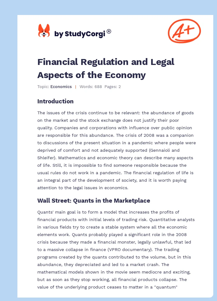 Financial Regulation and Legal Aspects of the Economy. Page 1