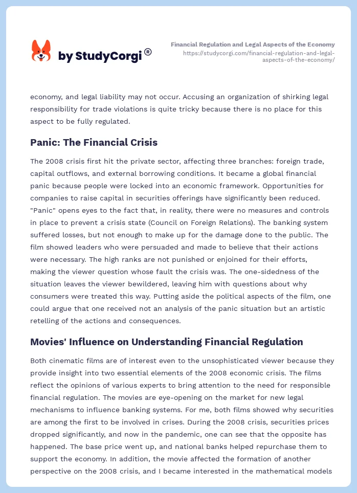 Financial Regulation and Legal Aspects of the Economy. Page 2
