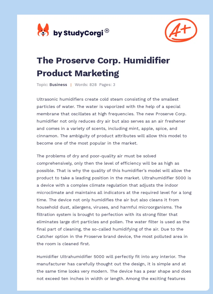 The Proserve Corp. Humidifier Product Marketing. Page 1