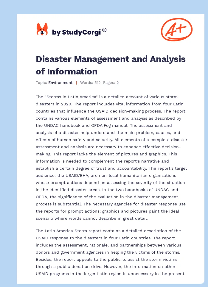 Disaster Management and Analysis of Information. Page 1