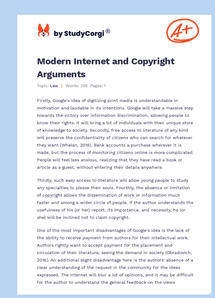 Modern Internet and Copyright Arguments. Page 1