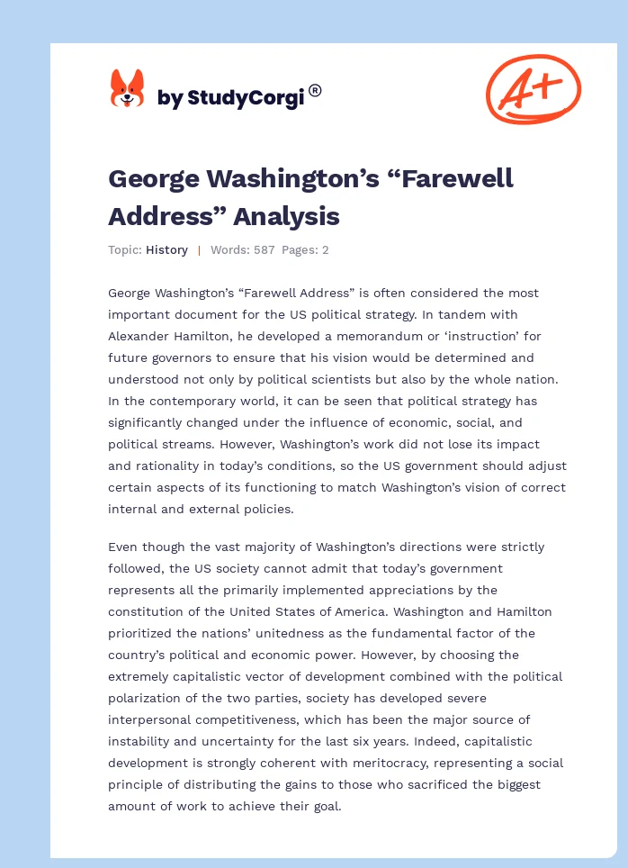 George Washington’s “Farewell Address” Analysis. Page 1
