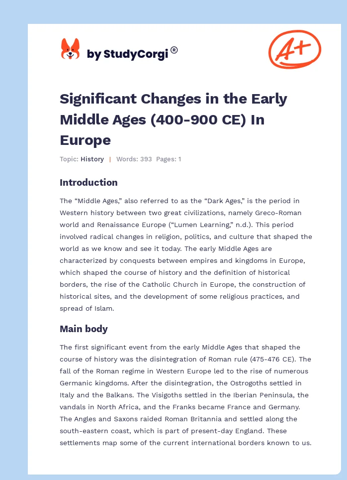 Significant Changes in the Early Middle Ages (400-900 CE) In Europe. Page 1