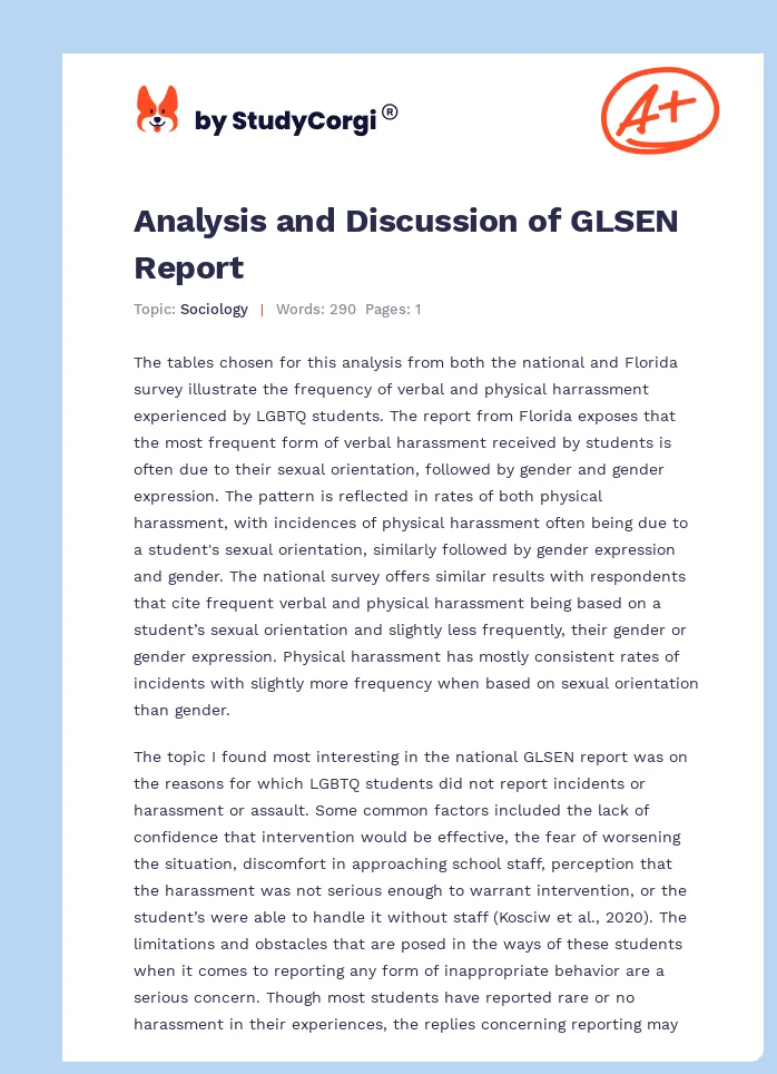 Analysis and Discussion of GLSEN Report. Page 1