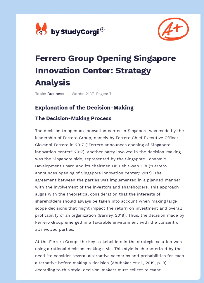 Ferrero Group Opening Singapore Innovation Center: Strategy Analysis. Page 1