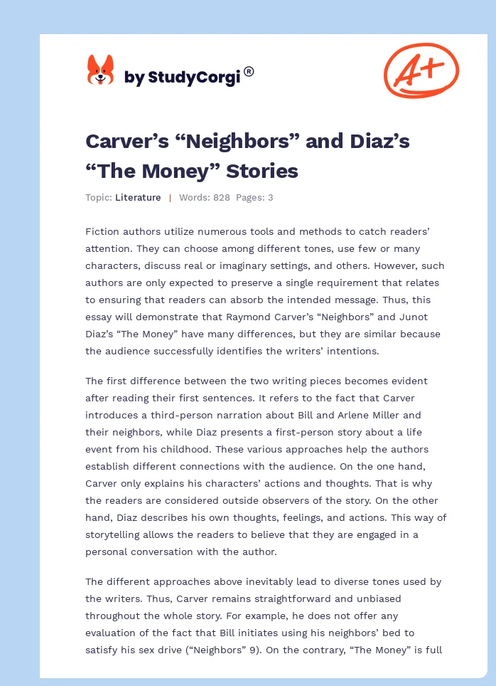 Carver’s “Neighbors” and Diaz’s “The Money” Stories. Page 1