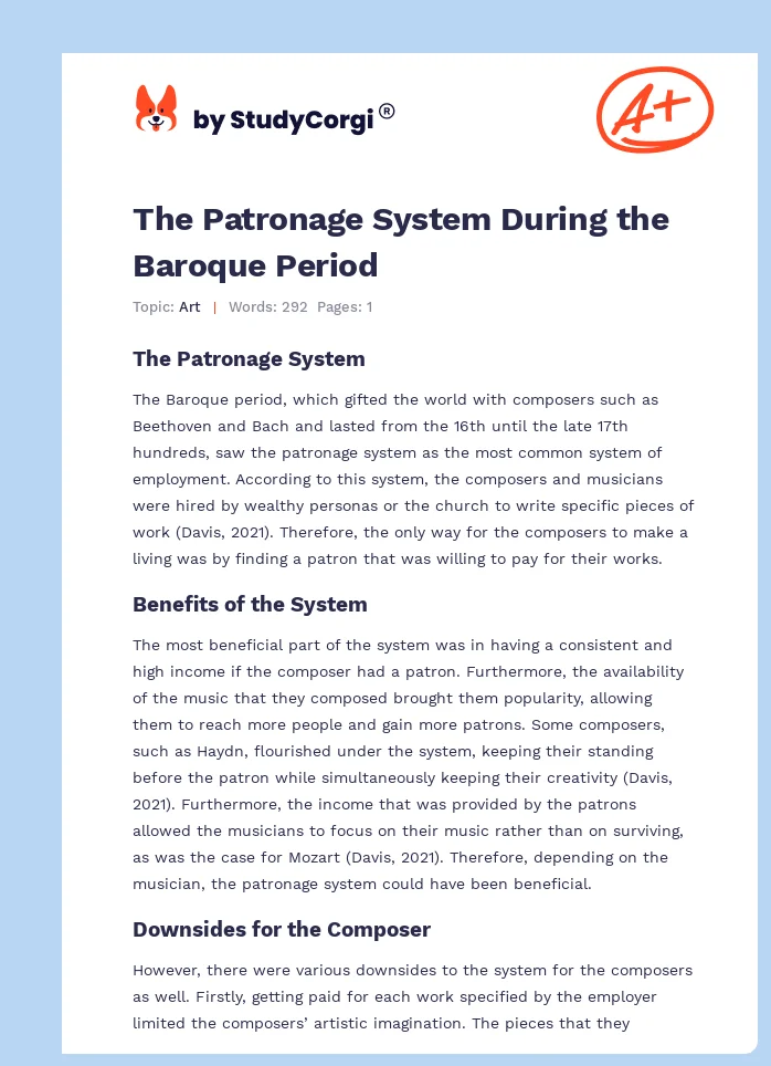 The Patronage System During the Baroque Period. Page 1
