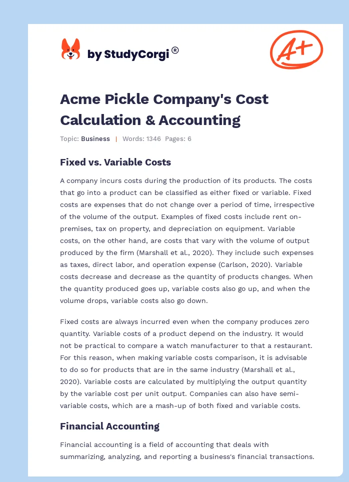 Acme Pickle Company's Cost Calculation & Accounting. Page 1