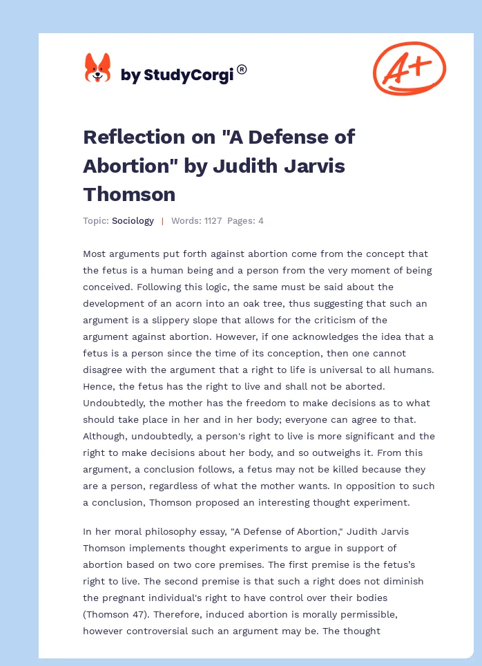 Reflection on "A Defense of Abortion" by Judith Jarvis Thomson. Page 1